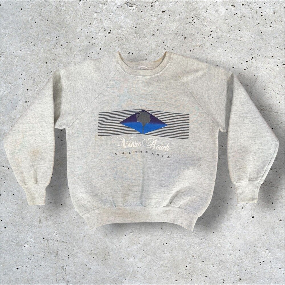 Vintage 80s Venice Beach California Raglan Crewneck Sweatshirt Gray Heather